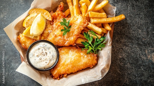 British fish and chips with tartar sauce, seaside dining, classic comfort food