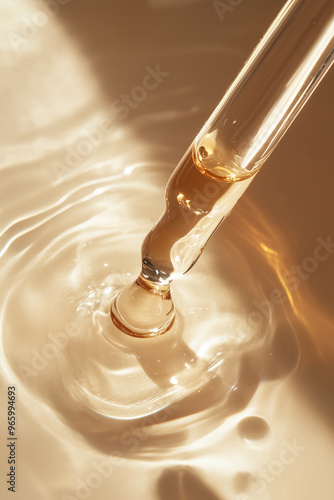 Macro shot long pipette dropper with pouring transparent  beige or golden serum flat lay on wet background. Cosmetics and skin care ad banner. photo