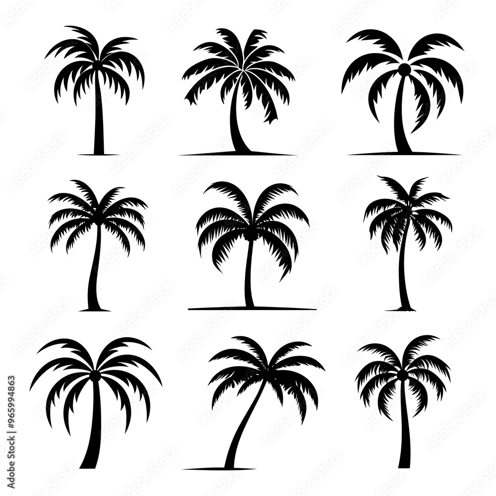 PNG palm tree silhouette element set, transparent background PNG palm tree silhouette element set, transparent background