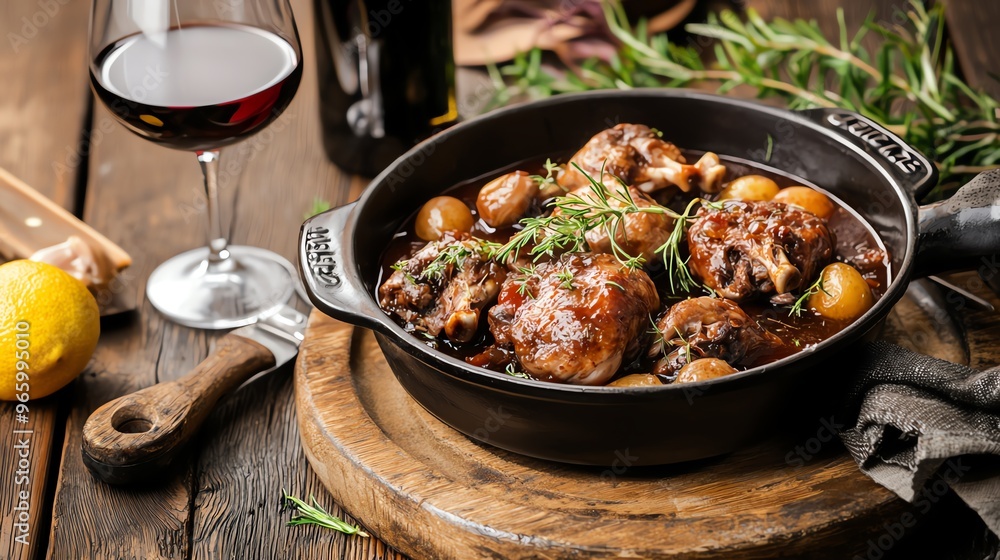 French coq au vin with red wine sauce, rustic meal, culinary sophistication French coq au vin with red wine sauce, rustic meal, culinary sophistication