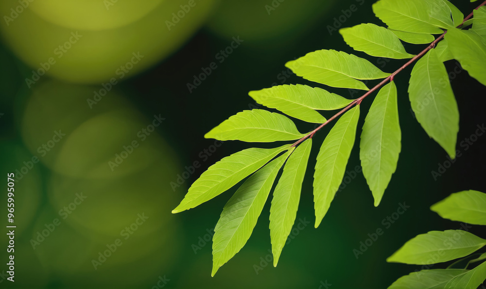 A close-up of a branch of green leaves against a blurred background of foliage A close-up of a branch of green leaves against a blurred background of foliage