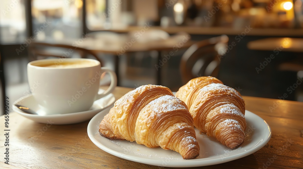 French croissants in a quaint Parisian cafe, buttery pastries, French breakfast French croissants in a quaint Parisian cafe, buttery pastries, French breakfast