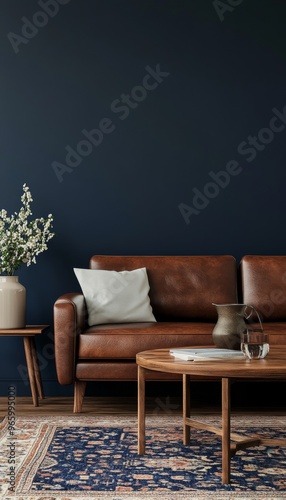 Cozy living room with leather sofa and elegant decor in a modern home interior