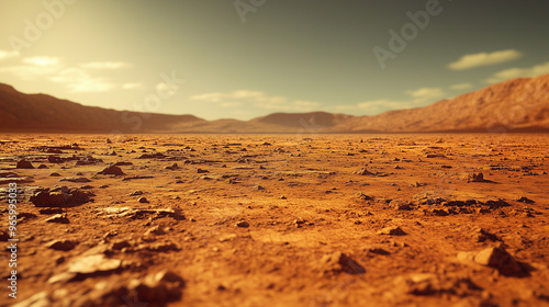 An picture of the surface of Mars, rocks and sand in the foreground, a vast flat landscape with distant dunes in the background, with a grainy film-like quality.