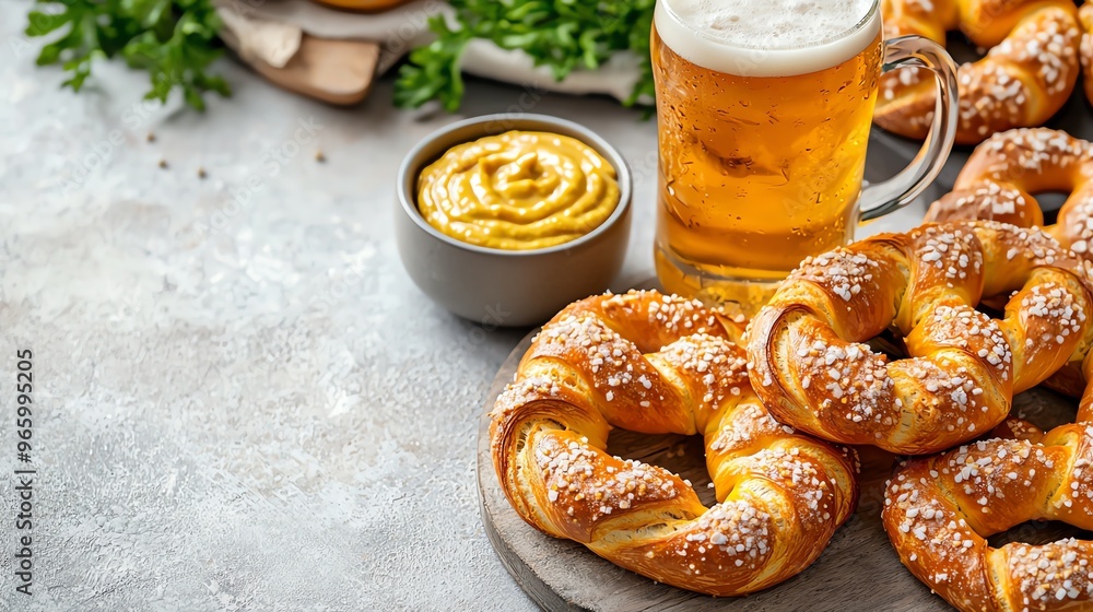 German pretzels with mustard and a pint of beer, Oktoberfest theme, Bavarian snacks German pretzels with mustard and a pint of beer, Oktoberfest theme, Bavarian snacks