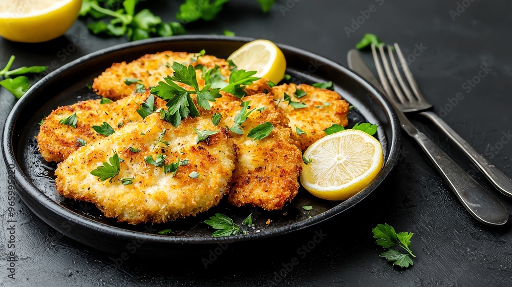 German schnitzel with lemon and parsley, crispy breaded cutlets, traditional German dish German schnitzel with lemon and parsley, crispy breaded cutlets, traditional German dish