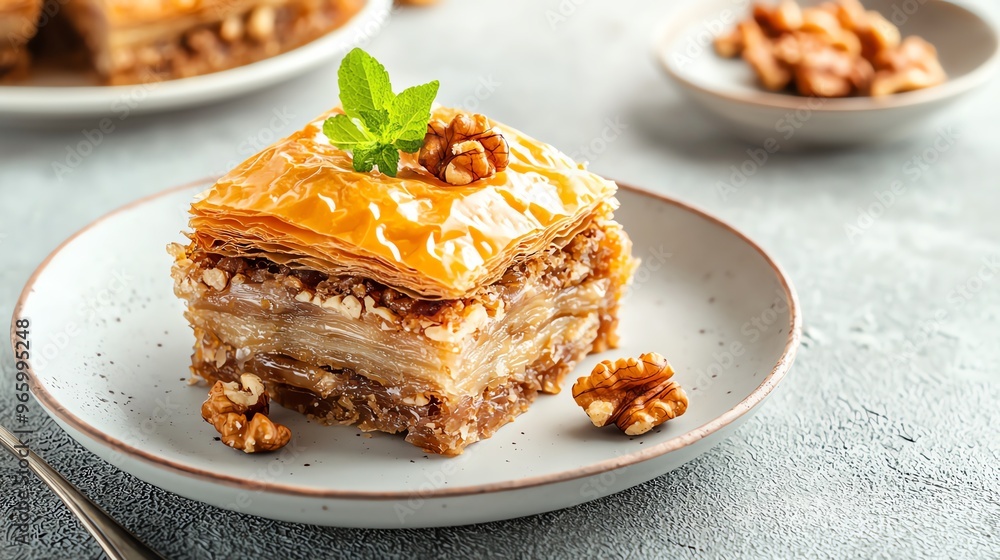 Greek baklava with layers of phyllo and walnuts, sweet indulgence, Mediterranean dessert