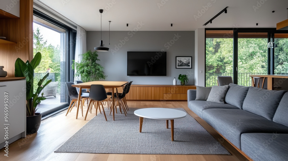 Fototapeta premium A contemporary open-concept living room with a cozy sofa, dining table, plants, and large windows overlooking greenery.