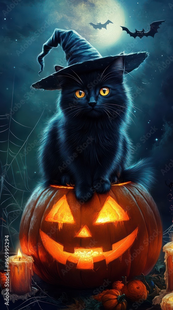 Illustration of a black cat wearing a witch hat sit on top of a pumpkin in Halloween concept Illustration of a black cat wearing a witch hat sit on top of a pumpkin in Halloween concept