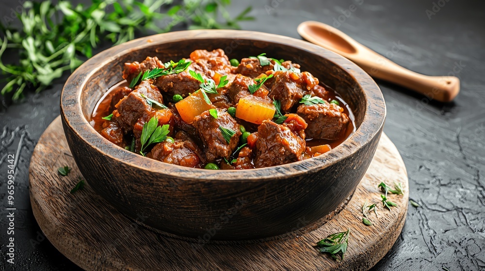 Fototapeta premium Hungarian goulash in a rustic bowl, hearty stew, Eastern European flavors