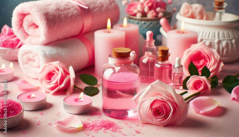 A pink-themed spa setup with rose oil, bath salts, candles, towels, and fresh roses..Concept: Rose Spa Treatment, Feminine Wellness A pink-themed spa setup with rose oil, bath salts, candles, towels, and fresh roses..Concept: Rose Spa Treatment, Feminine Wellness