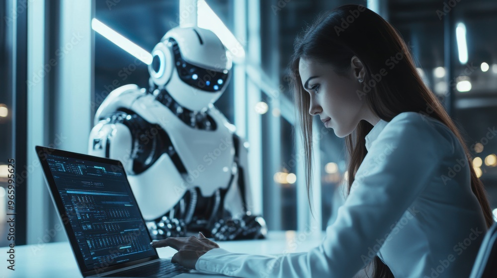High-tech collaboration between a businesswoman High-tech collaboration between a businesswoman