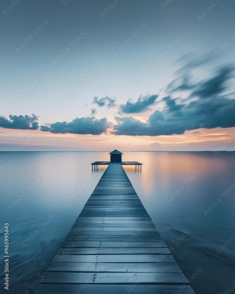 Fototapeta premium Serene lake sunrise with wooden pier and boathouse
