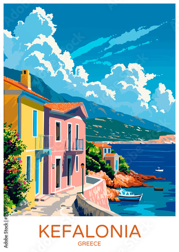 Kefalonia Greece Poster Illustration Travel Print Decor Gift Paper Canvas Wall Retro Art #965995647