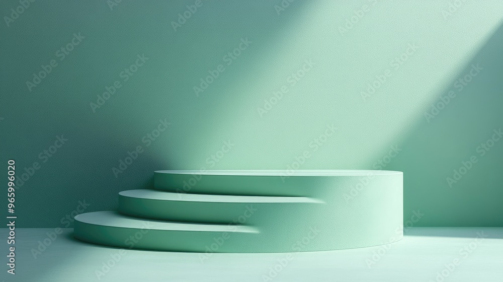 Pastel green cylindrical podium with steps set against a blue background Three dimensional render of an abstract realistic geometric pedestal or platform for showcasing products Minimalist scene Pastel green cylindrical podium with steps set against a blue background Three dimensional render of an abstract realistic geometric pedestal or platform for showcasing products Minimalist scene