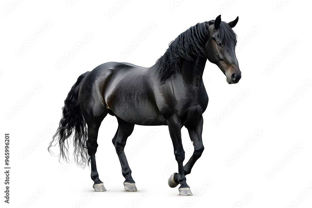 Majestic black horse standing proudly in full body pose isolated on white background Majestic black horse standing proudly in full body pose isolated on white background