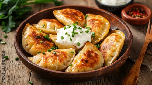 Polish pierogi with sour cream and chives, vibrant presentation, Eastern European dumplings photo