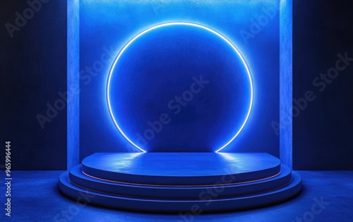 Elegant dark blue product display stage or podium with light display backdrops 3D rendering photo