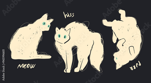 White cats in different poses. Doodle sketch style. Sitting, laying on back, standing angry, surprising. Cute, adorable animal characters. Hand drawn Vector illustration. Isolated design elements