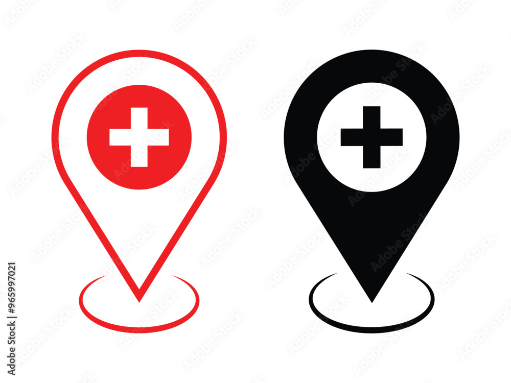 Plus location icon set. Location sign and symbol destination red and black icon on white background. Element for design isolated website interface development. Vector illustration. Plus location icon set. Location sign and symbol destination red and black icon on white background. Element for design isolated website interface development. Vector illustration.