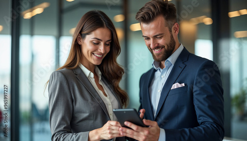 Professional business people, two happy business man and woman executives partners team working together checking corporate results standing in company office using digital tab fintech device.