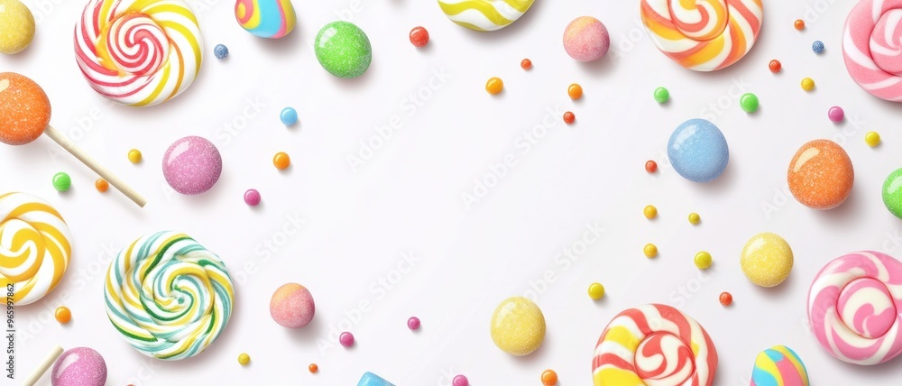 Candy background with lollipops and candies on a white background. Colorful candy for a birthday party or children's day decoration. Vector illustration of a colorful sweets border design. Candy background with lollipops and candies on a white background. Colorful candy for a birthday party or children's day decoration. Vector illustration of a colorful sweets border design.