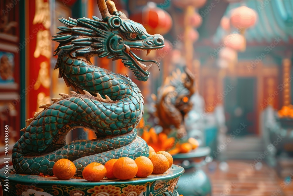 Fototapeta premium Ornate Traditional Chinese Dragon Statue with Oranges in a Vibrant Temple Setting