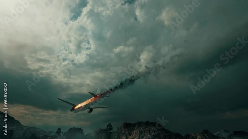 A passenger plane crashing in the mountains with its left engine on fire. Emergency landing in difficult conditions. 3D animation.