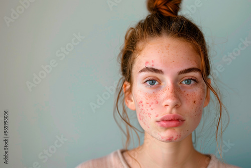 teenage girl face with acne and pimples, portrait on neutral background