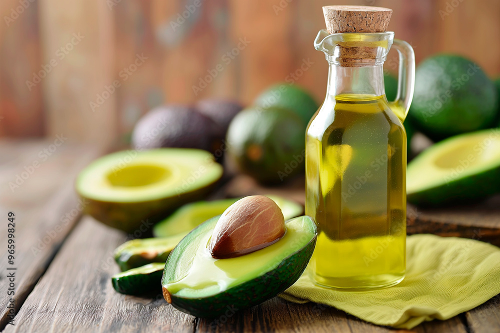 avocado oil in glass bottle on wooden table avocado oil in glass bottle on wooden table