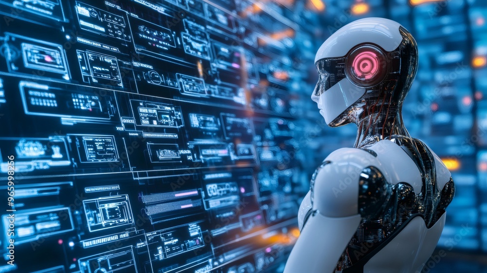 A futuristic humanoid robot stands in front of a screen full of blue digital data. A futuristic humanoid robot stands in front of a screen full of blue digital data.