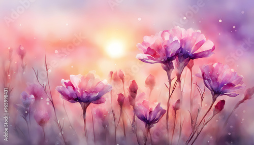 Ambient Purple and Pink Wildflowers in Soft Sunrise with Gradient Pink Sky