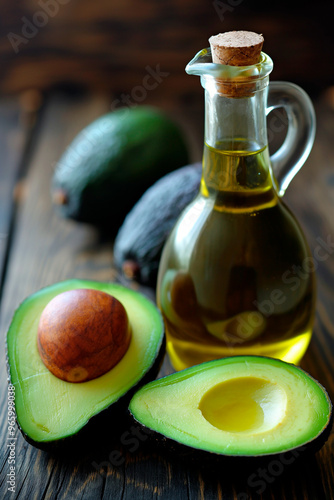 avocado oil in glass bottle on wooden table