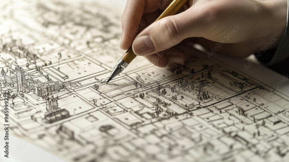 Map Part Drawing Cartographer drawing a new section on a large, detailed map of a city ...