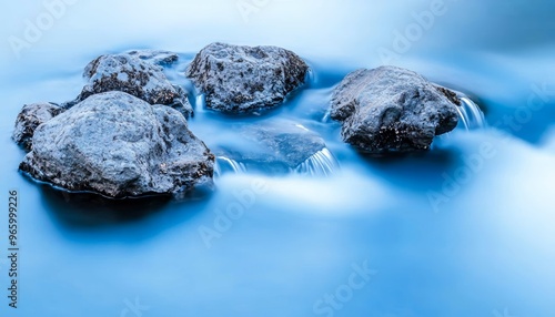 Smooth water cascading over rugged rocks in a calm stream, blue tones and soft lighting capturing the essence of tranquility and flowing energy