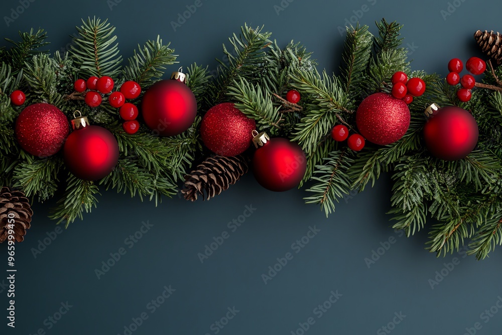 Red Christmas Ornaments and Pine Branches on a Dark Blue Background Red Christmas Ornaments and Pine Branches on a Dark Blue Background