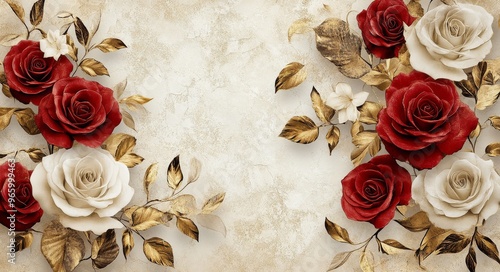 Elegant arrangement of red and white roses with gold accents on a floral background