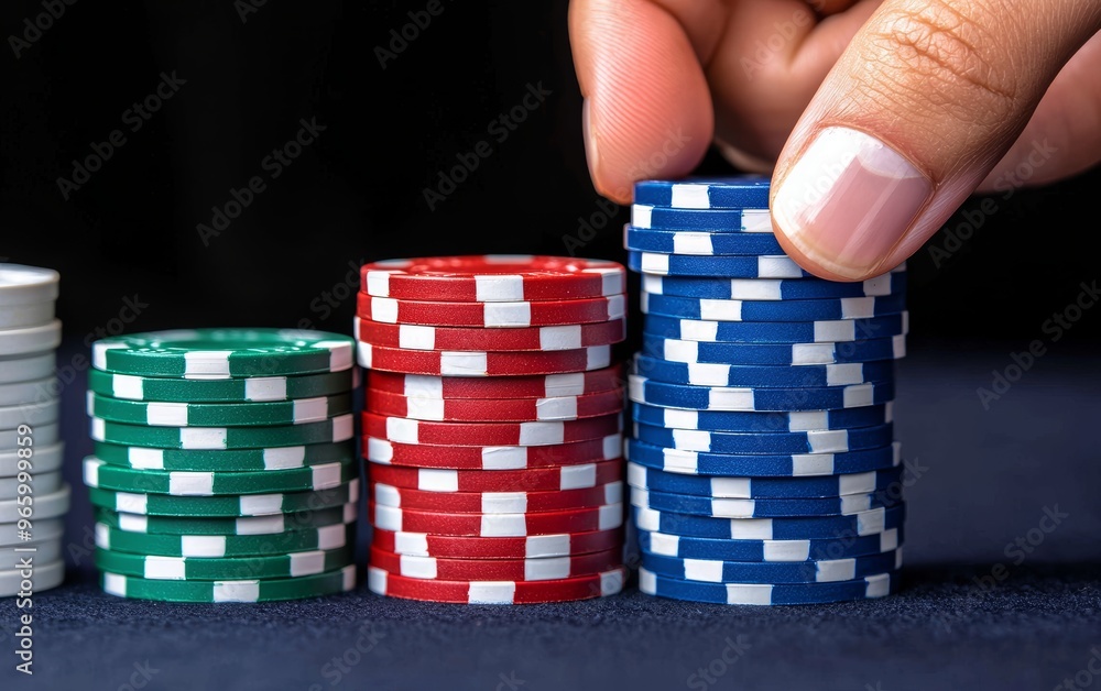 Poker chips being stacked on a table, hands in action, representing the thrill of gambling, competition, and strategic gameplay Poker chips being stacked on a table, hands in action, representing the thrill of gambling, competition, and strategic gameplay