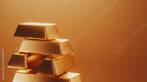 Pile of sleek golden bars, rich textures and intricate details, with soft reflections, glowing ambiance, representing prosperity and investment photo