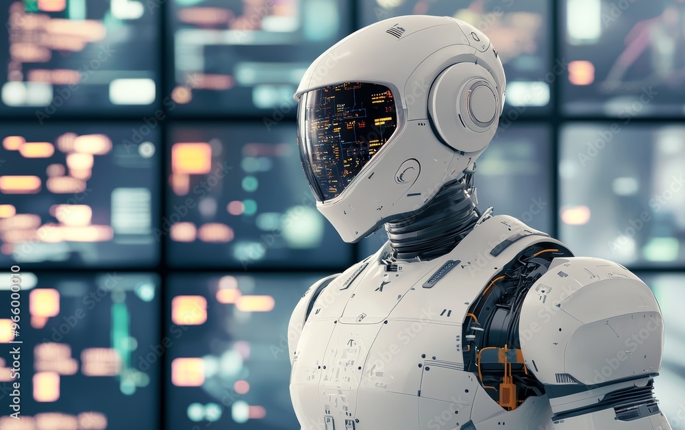Robot in a high-tech trading room, operating multiple holographic interfaces with an elegant, minimal design Robot in a high-tech trading room, operating multiple holographic interfaces with an elegant, minimal design