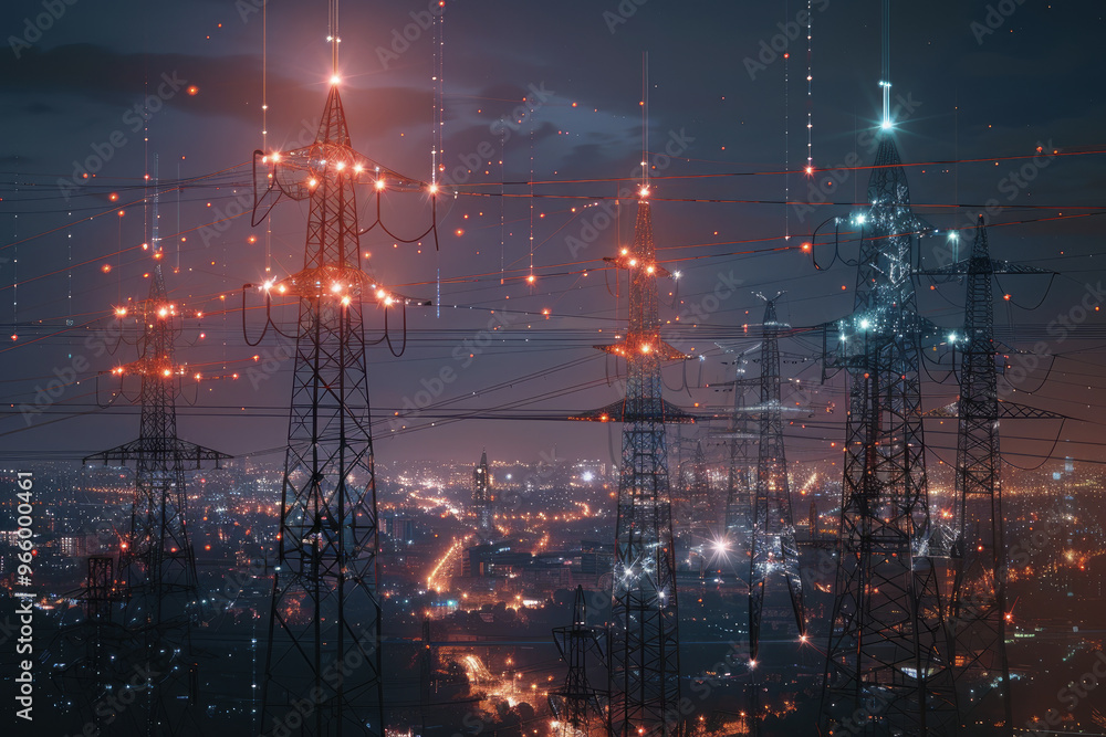 Fototapeta premium High-voltage power lines over cityscape at night with digital effects