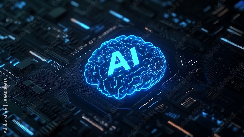 Futuristic 3D Vector Logo of Glowing Blue Brain with Integrated Futuristic 3D Vector Logo of Glowing Blue Brain with Integrated