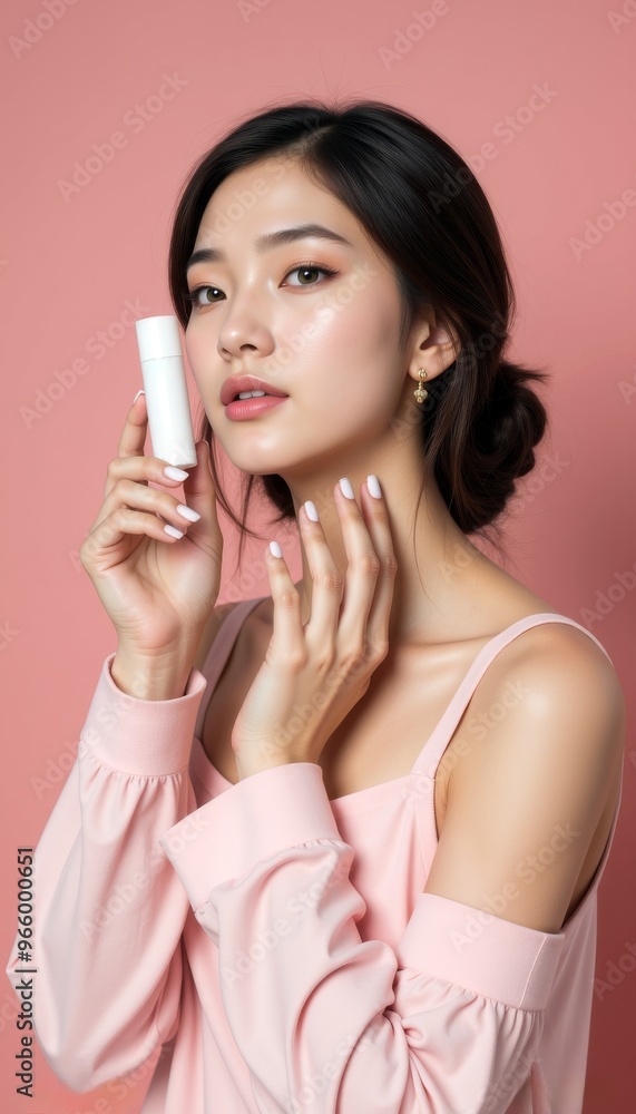 A beautiful model gracefully poses with a blank beauty product A beautiful model gracefully poses with a blank beauty product