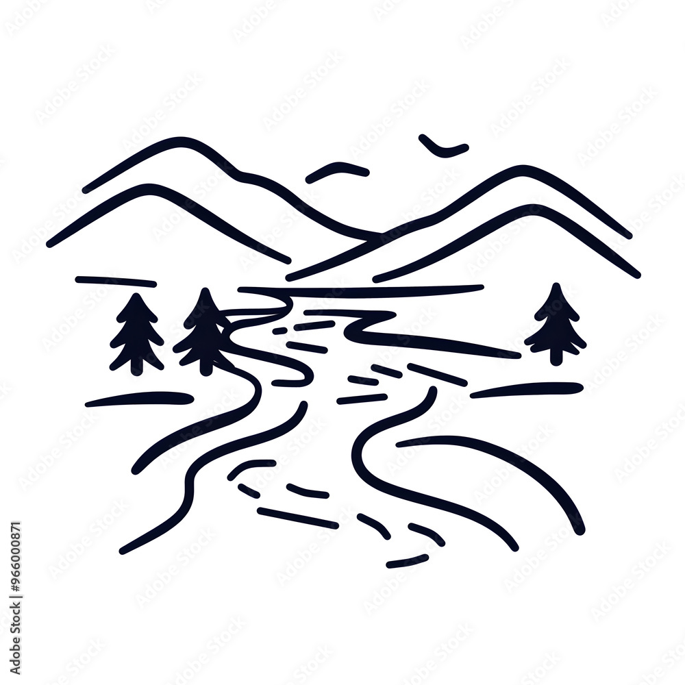 Fototapeta premium River curves with trees landscape black outline icon isolated on white icon