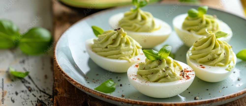 Delicious avocado mousse filled eggs garnished with green herbs on a rustic plate Delicious avocado mousse filled eggs garnished with green herbs on a rustic plate