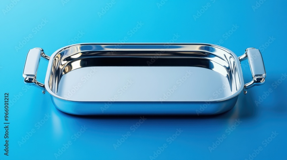Shiny stainless steel roasting pan on a vibrant blue background, perfect for culinary presentations and kitchen decor. Shiny stainless steel roasting pan on a vibrant blue background, perfect for culinary presentations and kitchen decor.