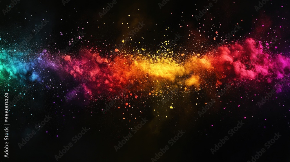 Splashes of color in rainbow hues exploding across a black background, creating a dramatic, abstract effect. Splashes of color in rainbow hues exploding across a black background, creating a dramatic, abstract effect.