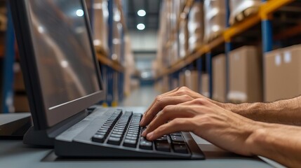 Papier peint photo  Hands typing on a computer keyboard in a warehouse office, the digital transformation of inventory management  © LIPO@SEXTAO22