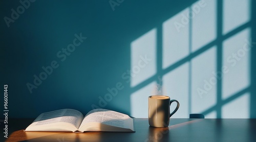Sunlit morning with a warm cup of coffee and an open book on a light-colored ...