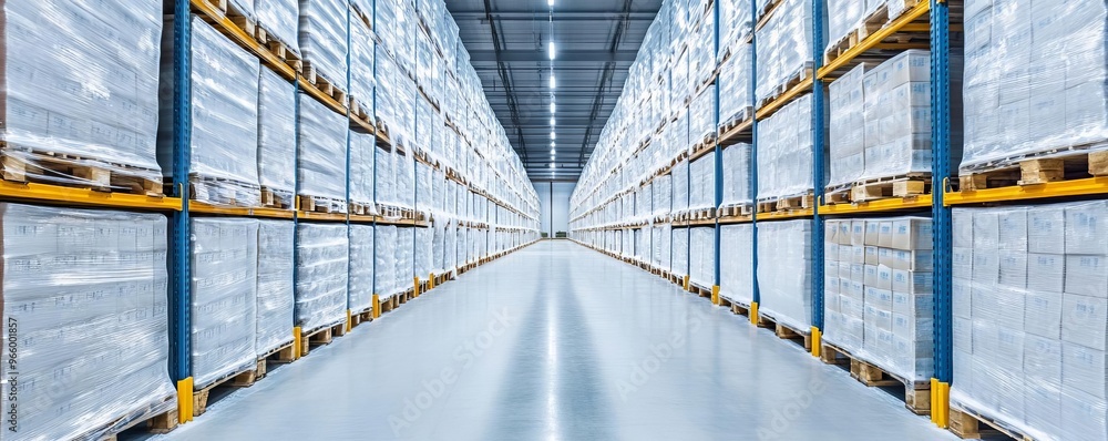 Inside a cold storage warehouse, with rows of frost-covered shelves, symbolizing frozen goods and perishable logistics Inside a cold storage warehouse, with rows of frost-covered shelves, symbolizing frozen goods and perishable logistics